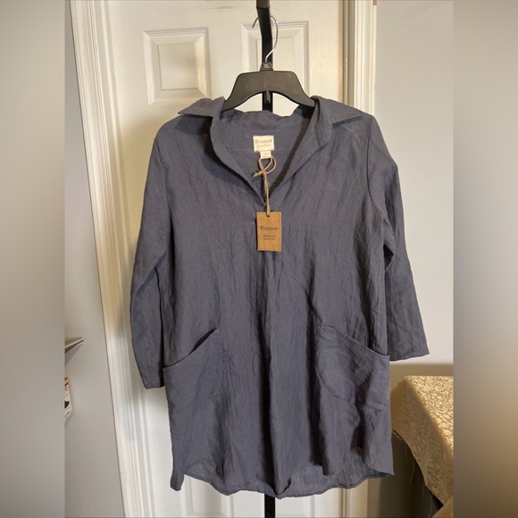 Petalura Blouse 100% European Washed Linen Size Small Gray Solid - Picture 1 of 13